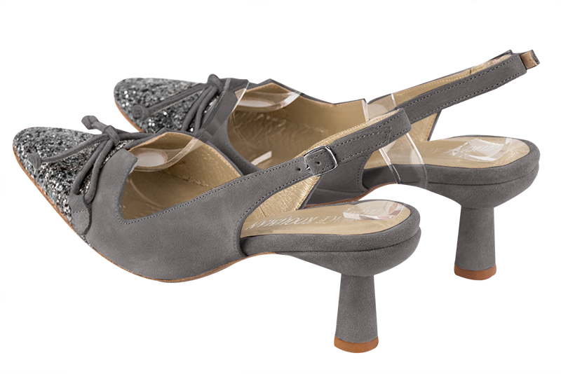 Dark silver and dove grey women's open back shoes, with a knot. Tapered toe. Medium spool heels. Rear view - Florence KOOIJMAN